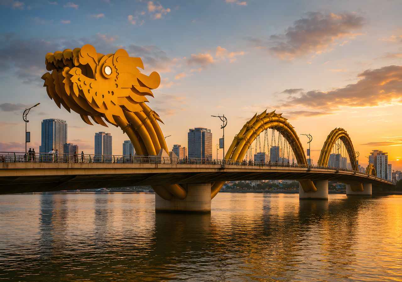 Dragon Bridge Da Nang sunset over Han River