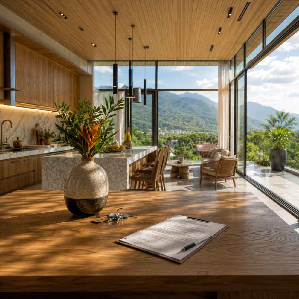 Luxury apartment living room in Da Nang with a signed lease contract and apartment keys on the table